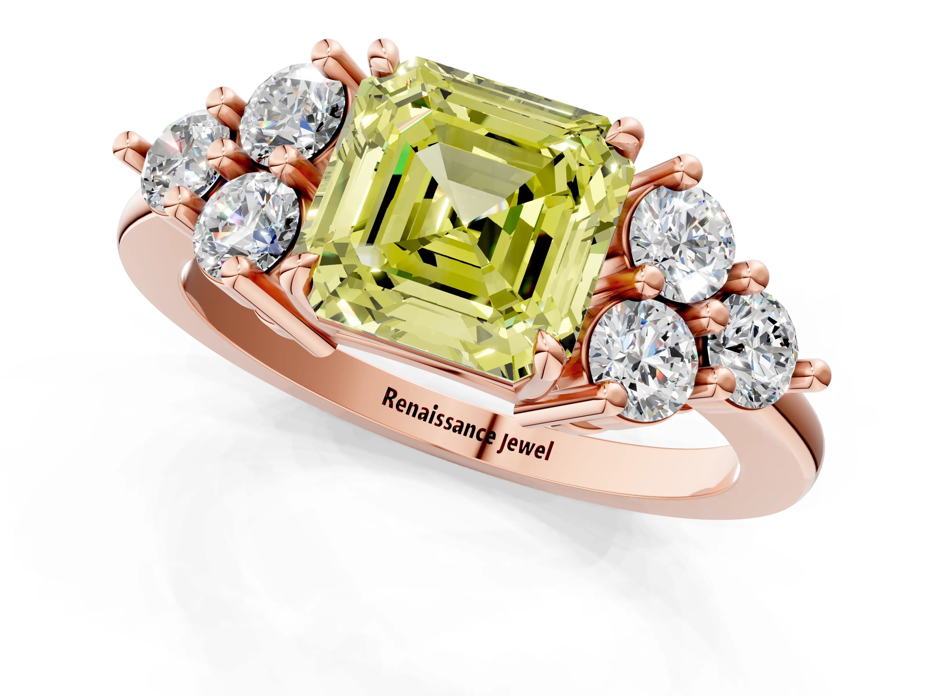 Rose gold Fancy Yellow Asscher Cut Brilliant Diamond Cluster Accent Solitaire Ring with Prong Setting_1