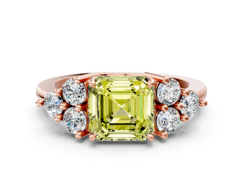 Rose gold Fancy Yellow Asscher Cut Brilliant Diamond Cluster Accent Solitaire Ring with Prong Setting
