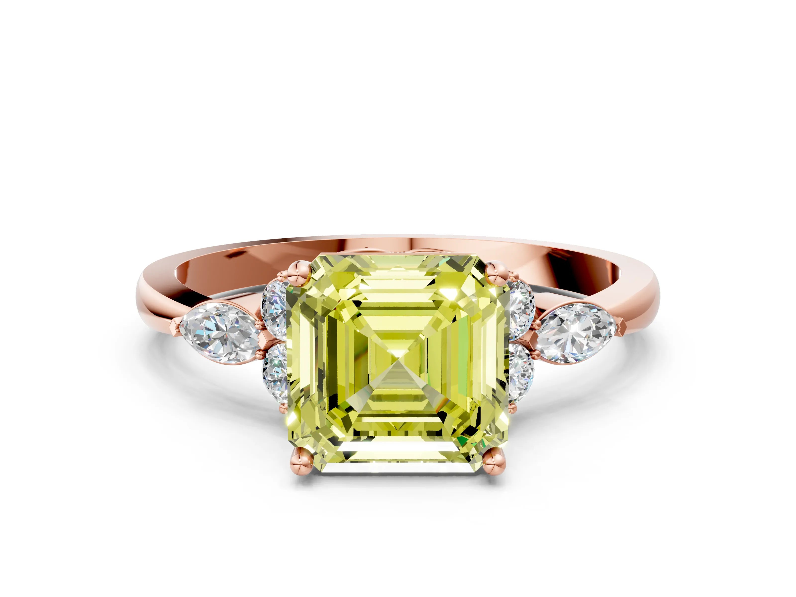 Rose gold Fancy Yellow Asscher Cut Brilliant Diamond Solitaire Ring with Pear Side Stones and Four-Prong Setting_3