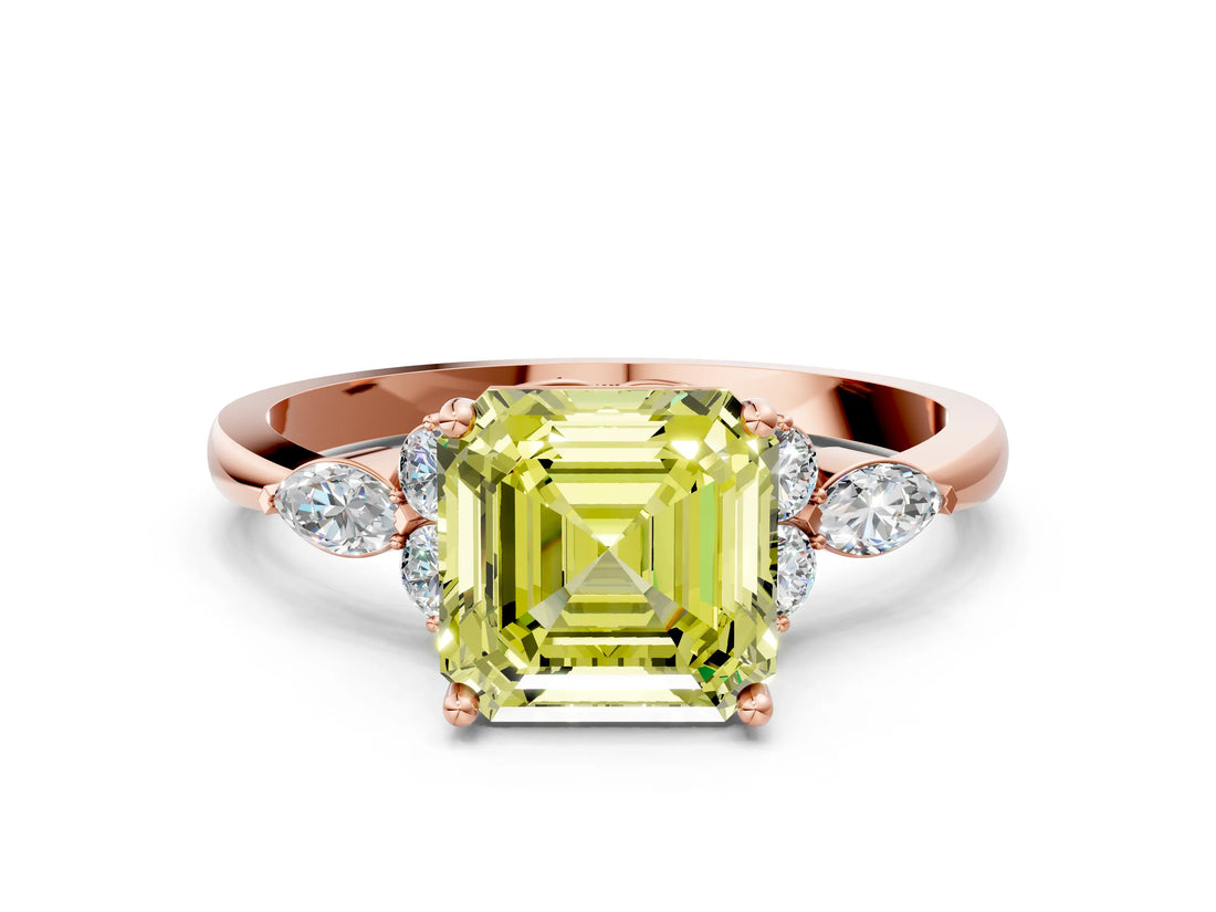 Rose gold Fancy Yellow Asscher Cut Brilliant Diamond Solitaire Ring with Pear Side Stones and Four-Prong Setting_3