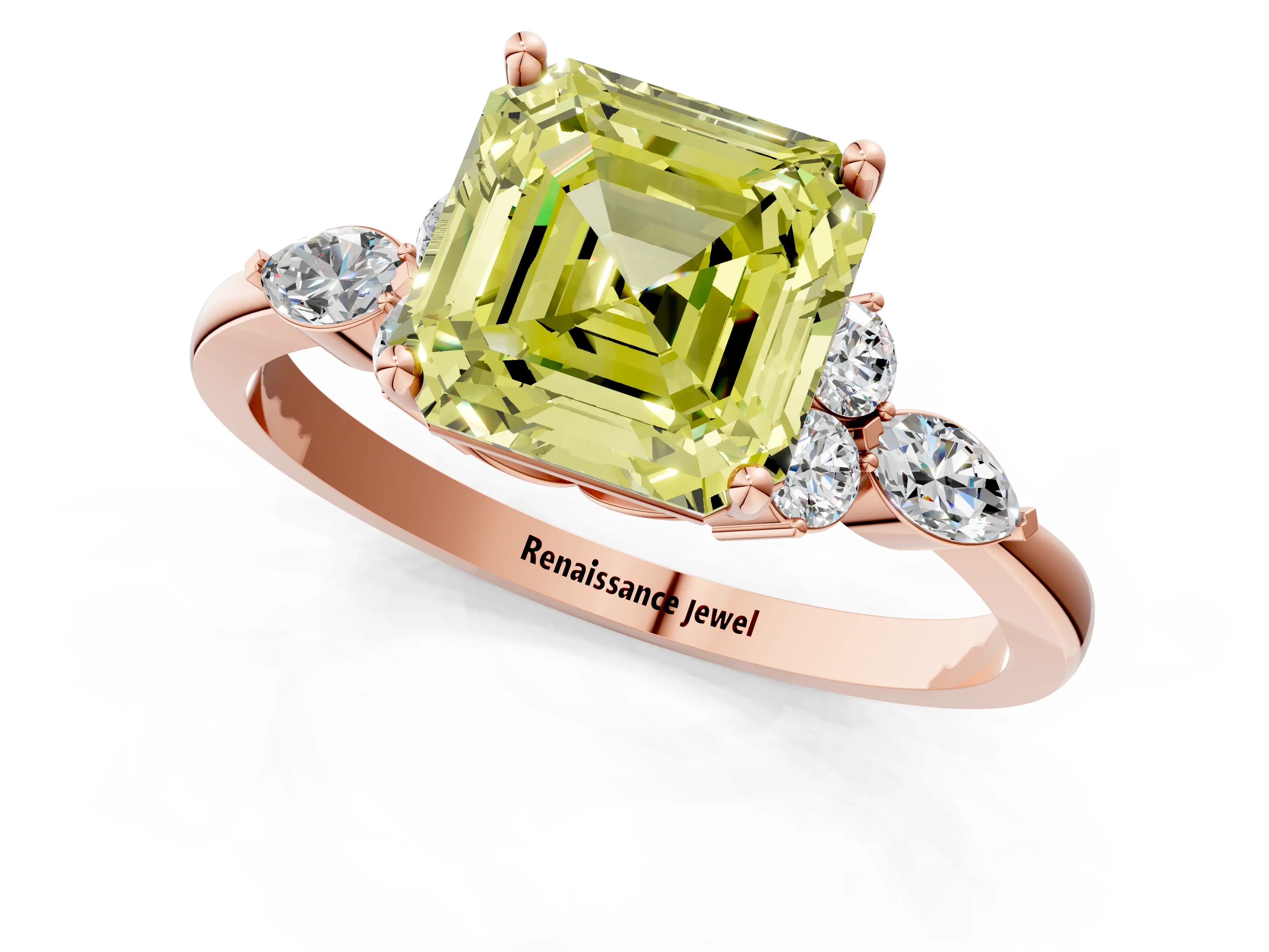 Rose gold Fancy Yellow Asscher Cut Brilliant Diamond Solitaire Ring with Pear Side Stones and Four-Prong Setting_4