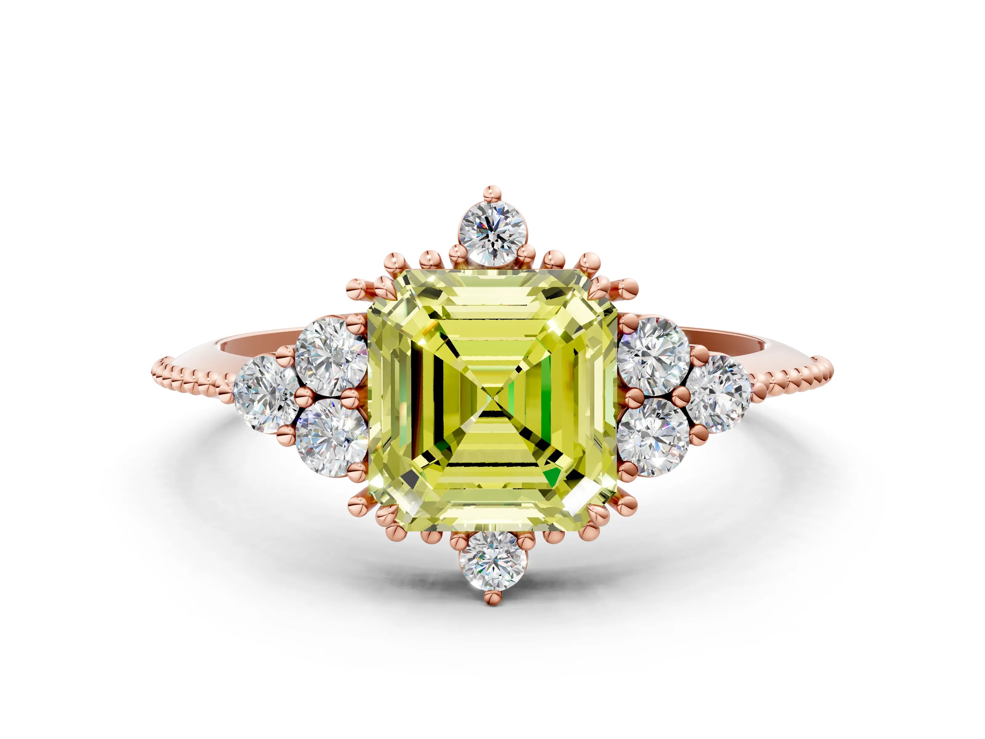 Rose gold Fancy Yellow Asscher Cut Brilliant Diamond with Cluster Setting on a Beaded Band and Four-Prong Setting