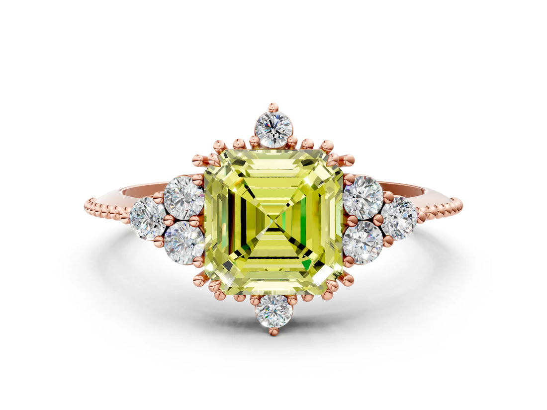Rose gold Fancy Yellow Asscher Cut Brilliant Diamond with Cluster Setting on a Beaded Band and Four-Prong Setting