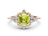 Rose gold Fancy Yellow Asscher Cut Brilliant Diamond with Cluster Setting on a Beaded Band and Four-Prong Setting