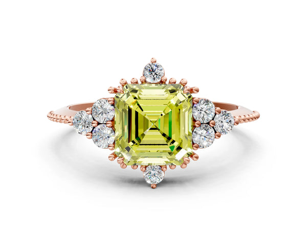 Rose Gold Asscher Cut Beaded Cluster Engagement Ring Setting for Fancy Yellow Center