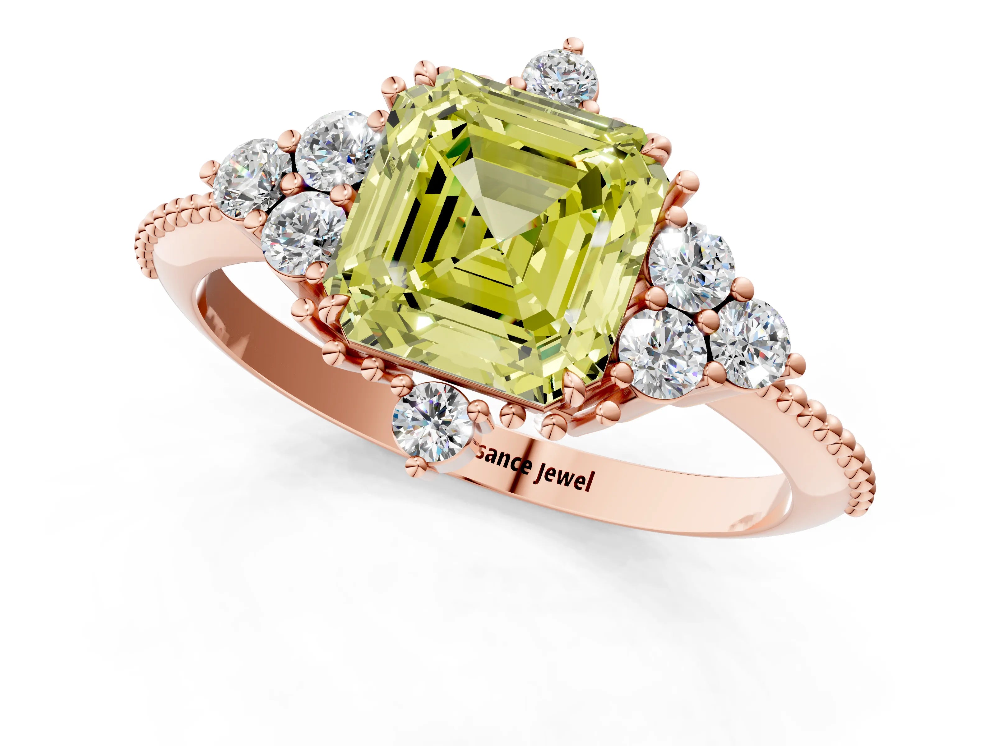 Rose gold Fancy Yellow Asscher Cut Brilliant Diamond with Cluster Setting on a Beaded Band and Four-Prong Setting_1