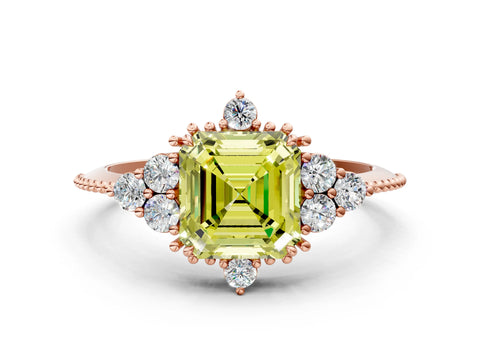 Rose gold Fancy Yellow Asscher Cut Brilliant Diamond with Cluster Setting on a Beaded Band and Four-Prong Setting