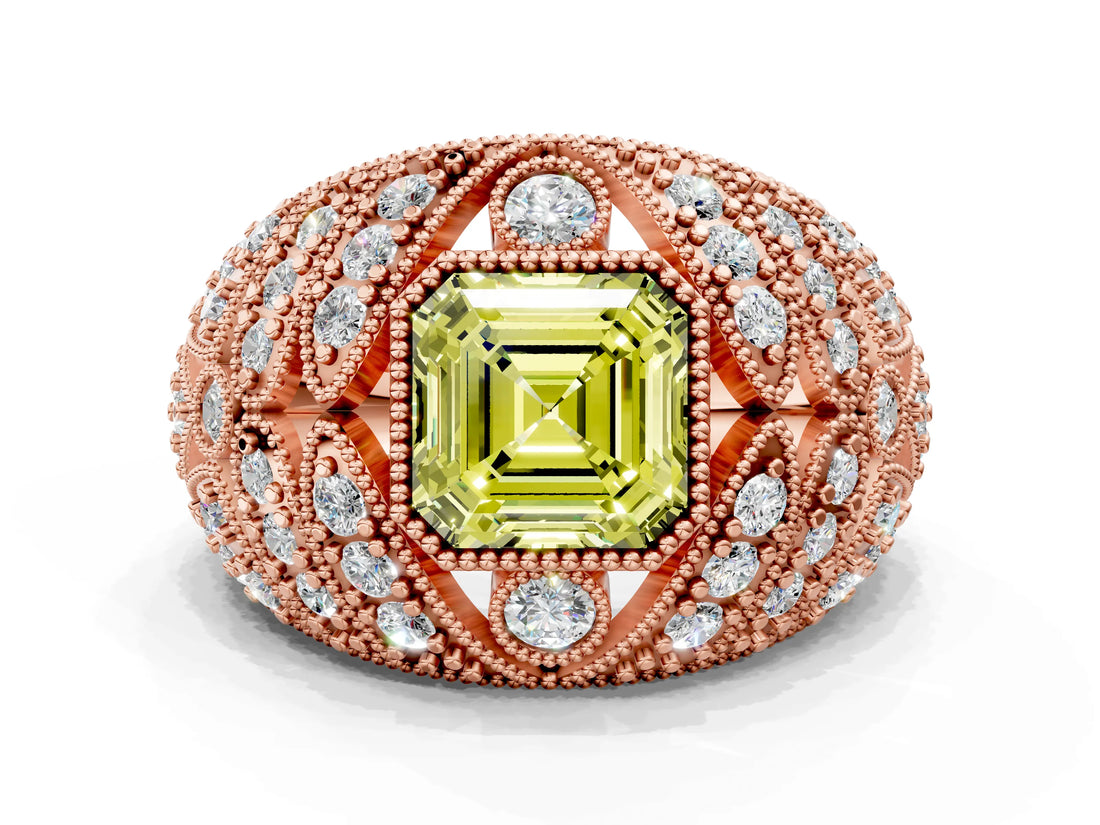 Rose gold Fancy Yellow Asscher Cut Brilliant Halo Pave Diamond Milgrain Ring