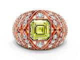 Rose gold Fancy Yellow Asscher Cut Brilliant Halo Pave Diamond Milgrain Ring