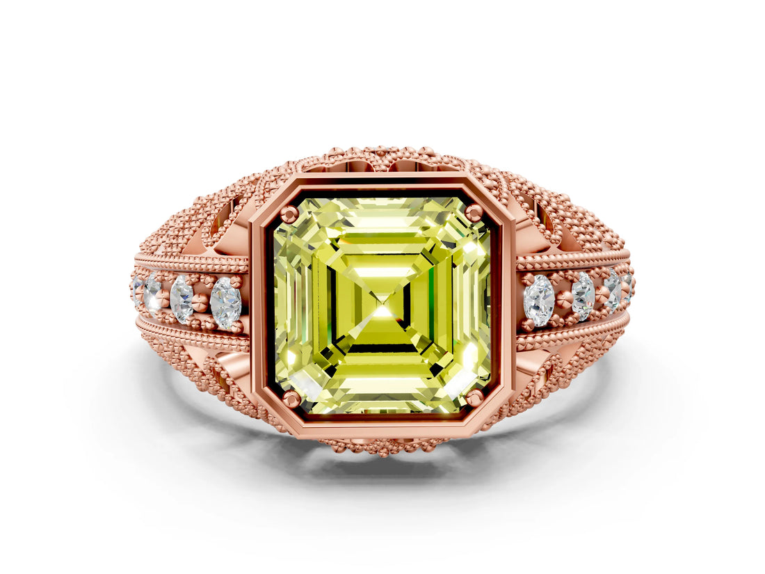 Rose gold Fancy Yellow Asscher Cut Brilliant Milgrain Filigree Diamond Ring with Square Prong Setting