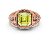 Rose gold Fancy Yellow Asscher Cut Brilliant Milgrain Filigree Diamond Ring with Square Prong Setting
