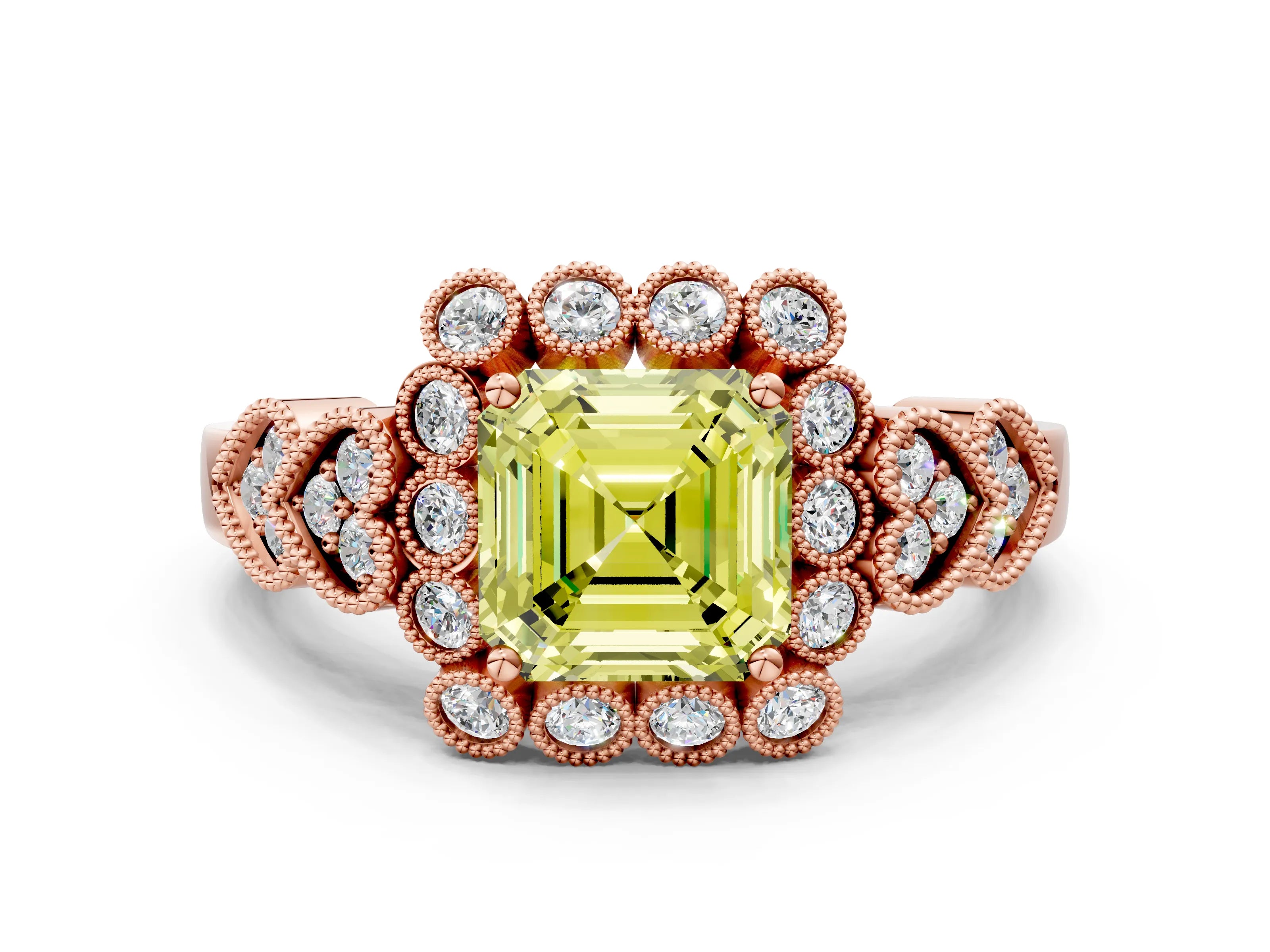 Rose gold Fancy Yellow Asscher Cut Brilliant Milgrain Pave Heart Band Solitaire Ring