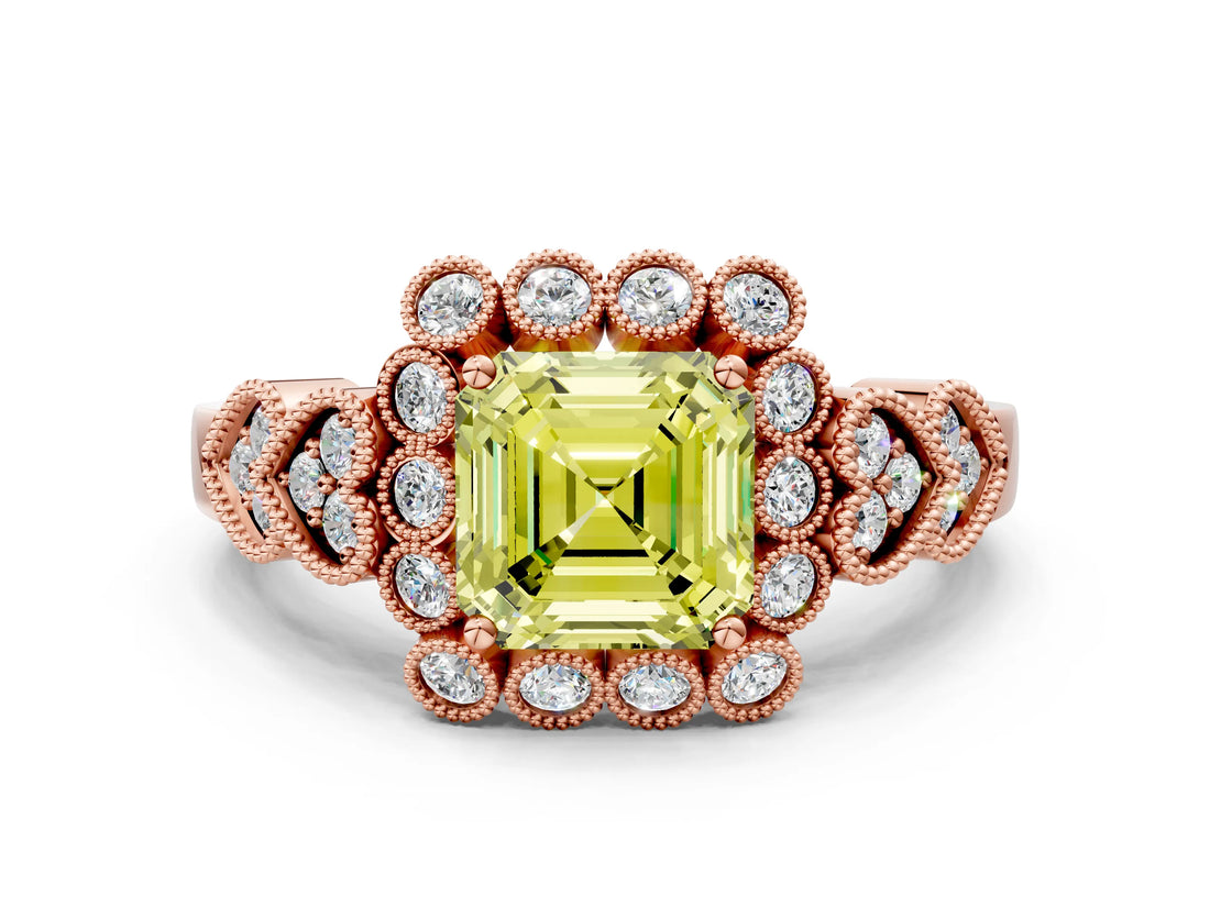 Rose gold Fancy Yellow Asscher Cut Brilliant Milgrain Pave Heart Band Solitaire Ring