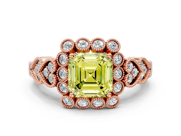 Rose Gold Asscher Cut Milgrain Halo Engagement Ring Setting for Fancy Yellow Center