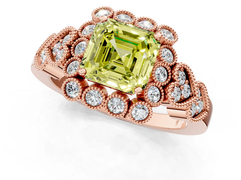 Rose gold Fancy Yellow Asscher Cut Brilliant Milgrain Pave Heart Band Solitaire Ring_1