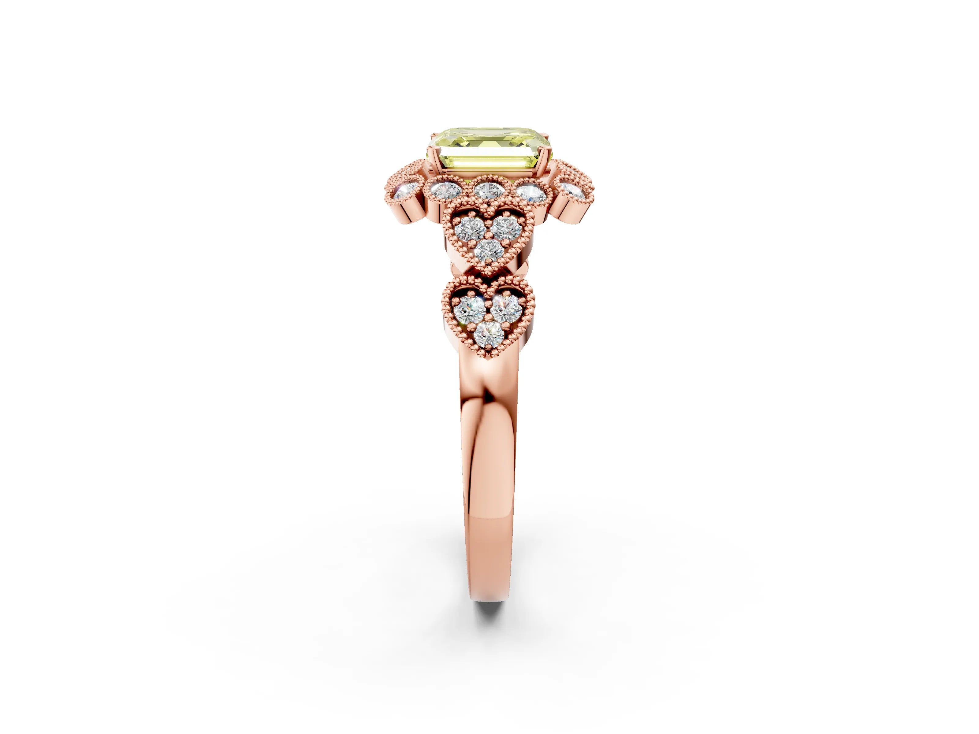 Rose gold Fancy Yellow Asscher Cut Brilliant Milgrain Pave Heart Band Solitaire Ring_2