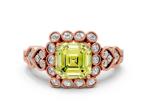 Rose gold Fancy Yellow Asscher Cut Brilliant Milgrain Pave Heart Band Solitaire Ring