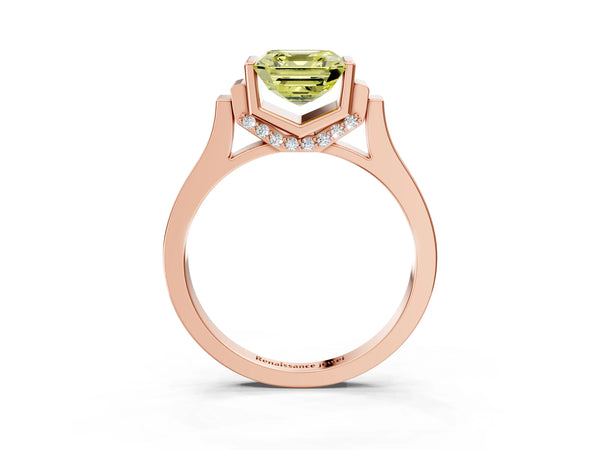 Rose gold Fancy Yellow Asscher Cut Brilliant Solitaire Diamond Ring with Channel Set Band and Bar Prong Setting
