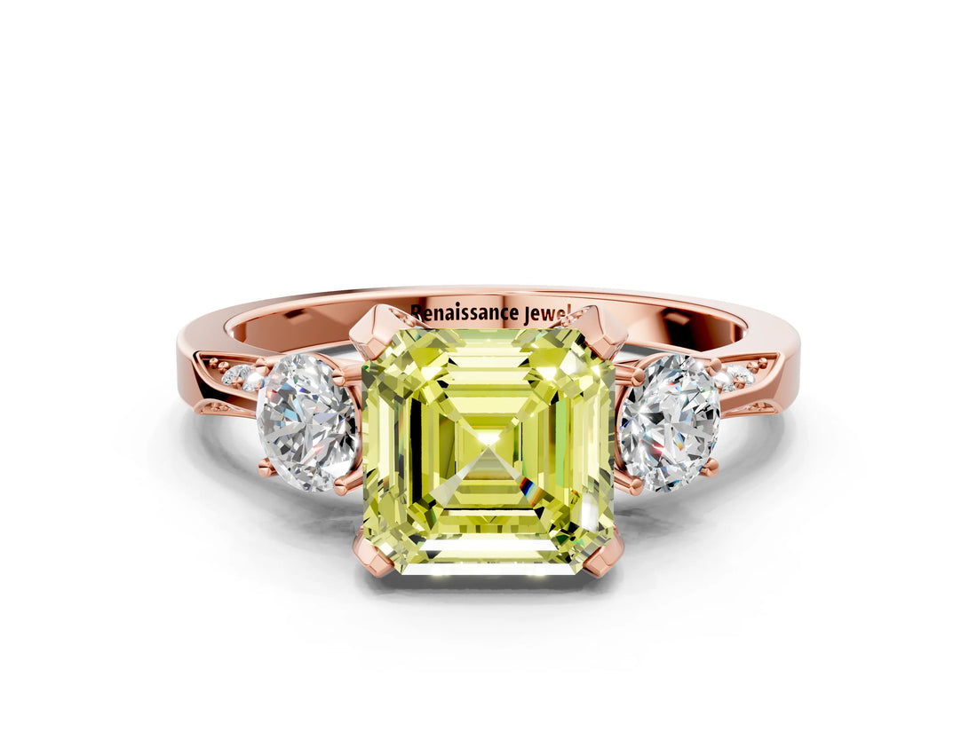 Rose gold Fancy Yellow Asscher Cut Brilliant Three-Stone Diamond Ring with Pavé Band and Four-Prong Setting_3