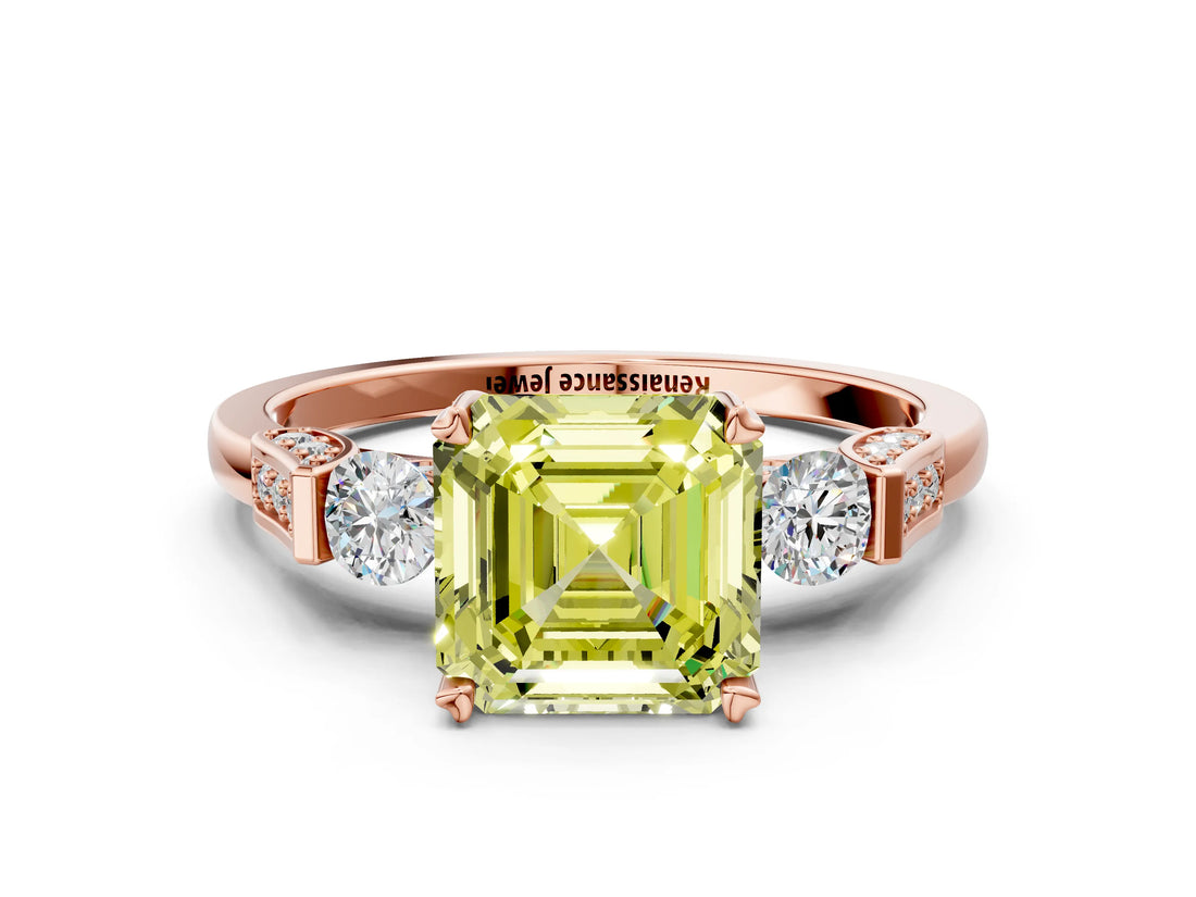Rose gold Fancy Yellow Asscher Cut Brilliant Three-Stone Pave Band with Four-Prong Setting