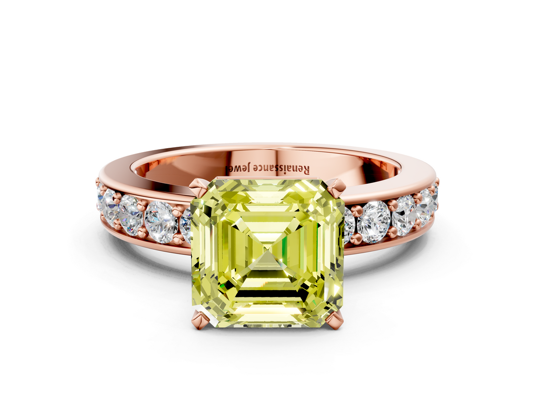 Rose gold Fancy Yellow Asscher  Cut Channel Set Diamond Engagement Ring with Four-Prong Setting