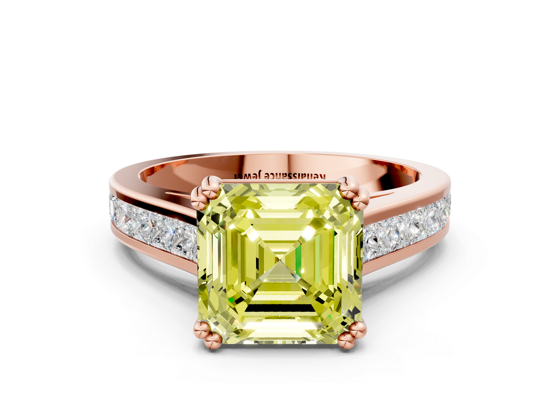 Rose gold Fancy Yellow Asscher  Cut Channel Set Solitaire Engagement Ring with Prong Setting