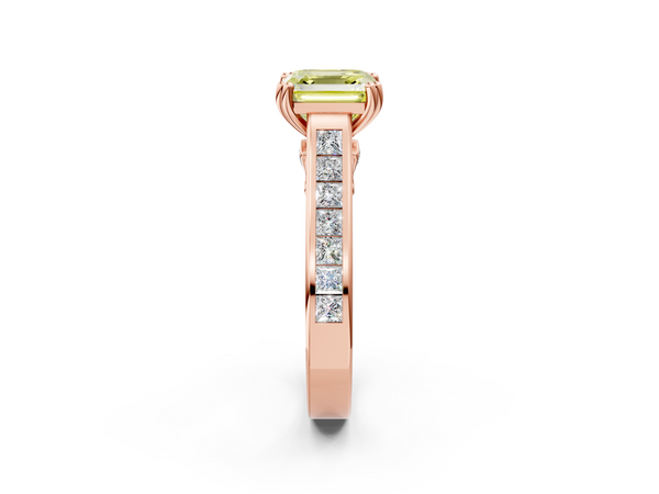 Rose Gold Asscher Cut Channel Set Solitaire Engagement Ring Setting for Fancy Yellow Center with Double Claw Prongs