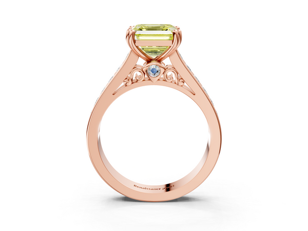 Rose Gold Asscher Cut Channel Set Solitaire Engagement Ring Setting for Fancy Yellow Center with Double Claw Prongs
