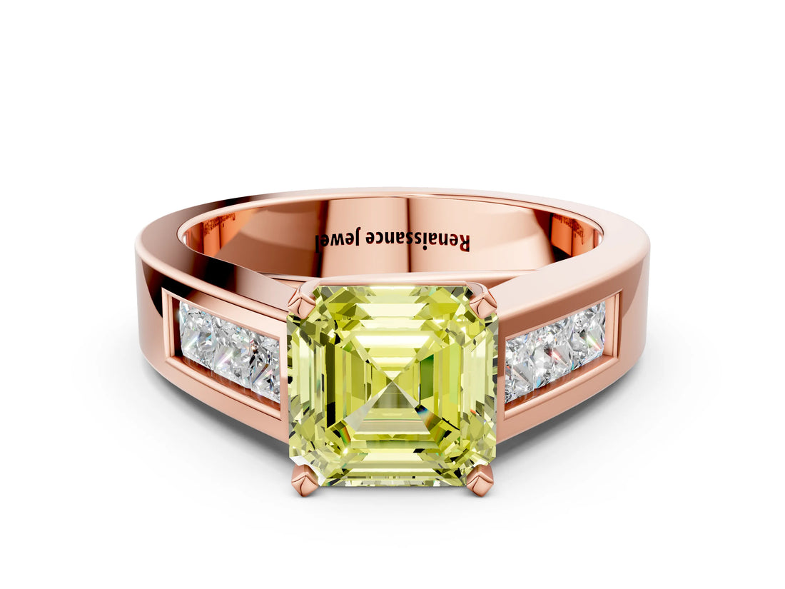 Rose gold Fancy Yellow Asscher Cut Cut Channel Set Solitaire Ring with Four-Prong Setting