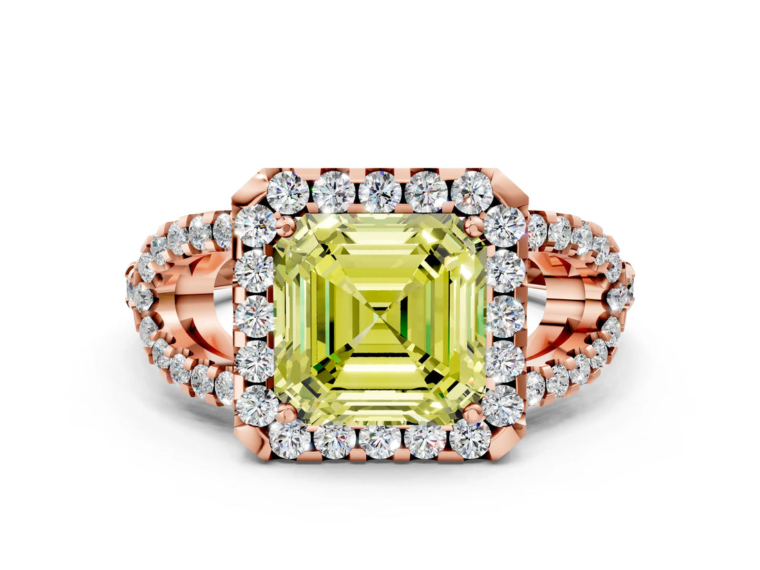 Rose gold Fancy Yellow Asscher Cut Cut Diamond Halo Engagement Ring with Open Split Pavé Band