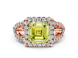 Rose gold Fancy Yellow Asscher Cut Cut Diamond Halo Engagement Ring with Open Split Pavé Band