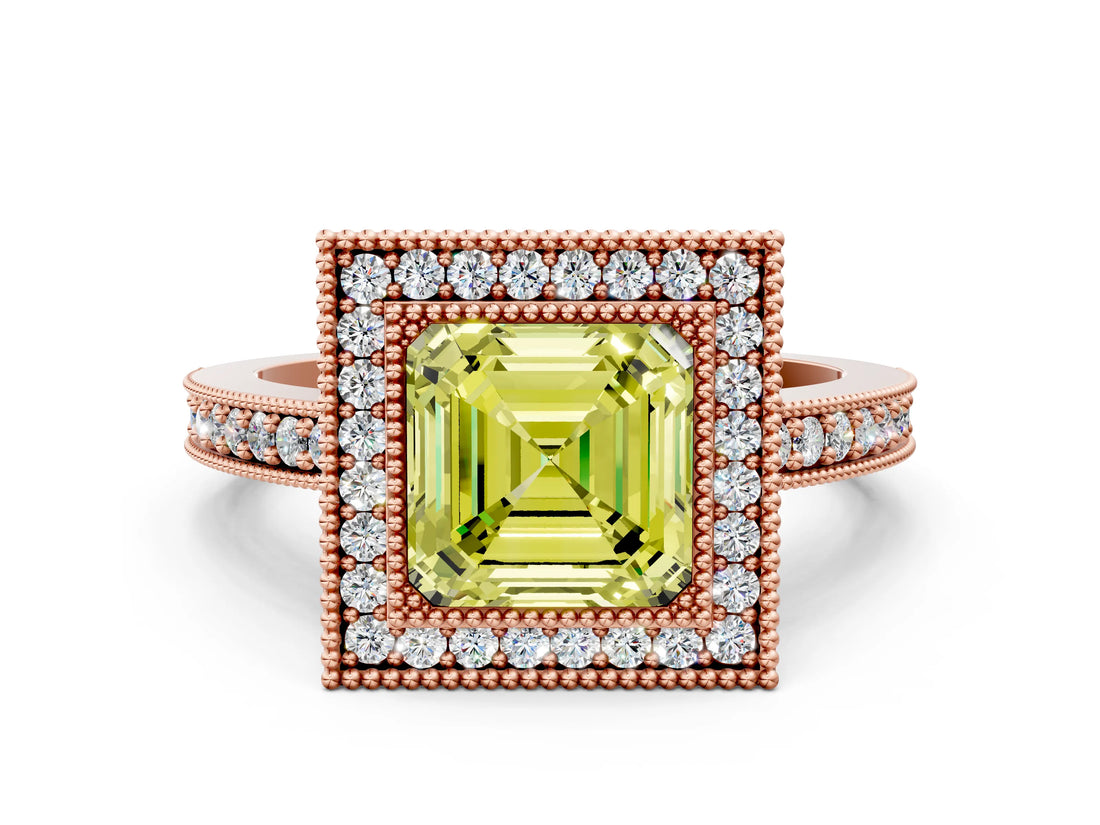 Rose gold Fancy Yellow Asscher Cut-Cut Diamond Halo Engagement Ring with Pave Band and Prong Setting