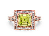 Rose gold Fancy Yellow Asscher Cut-Cut Diamond Halo Engagement Ring with Pave Band and Prong Setting