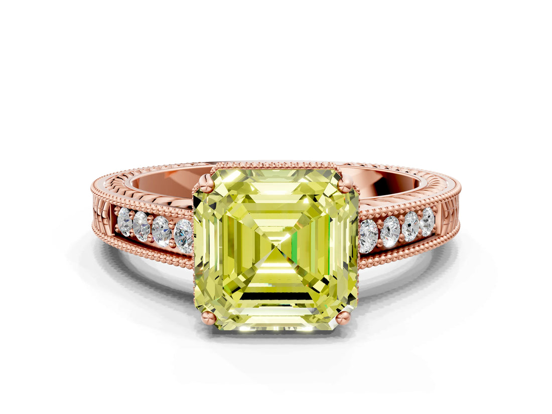 Rose gold Fancy Yellow Asscher Cut Cut Diamond Milgrain Pave Band Four-Prong Setting Ring_3