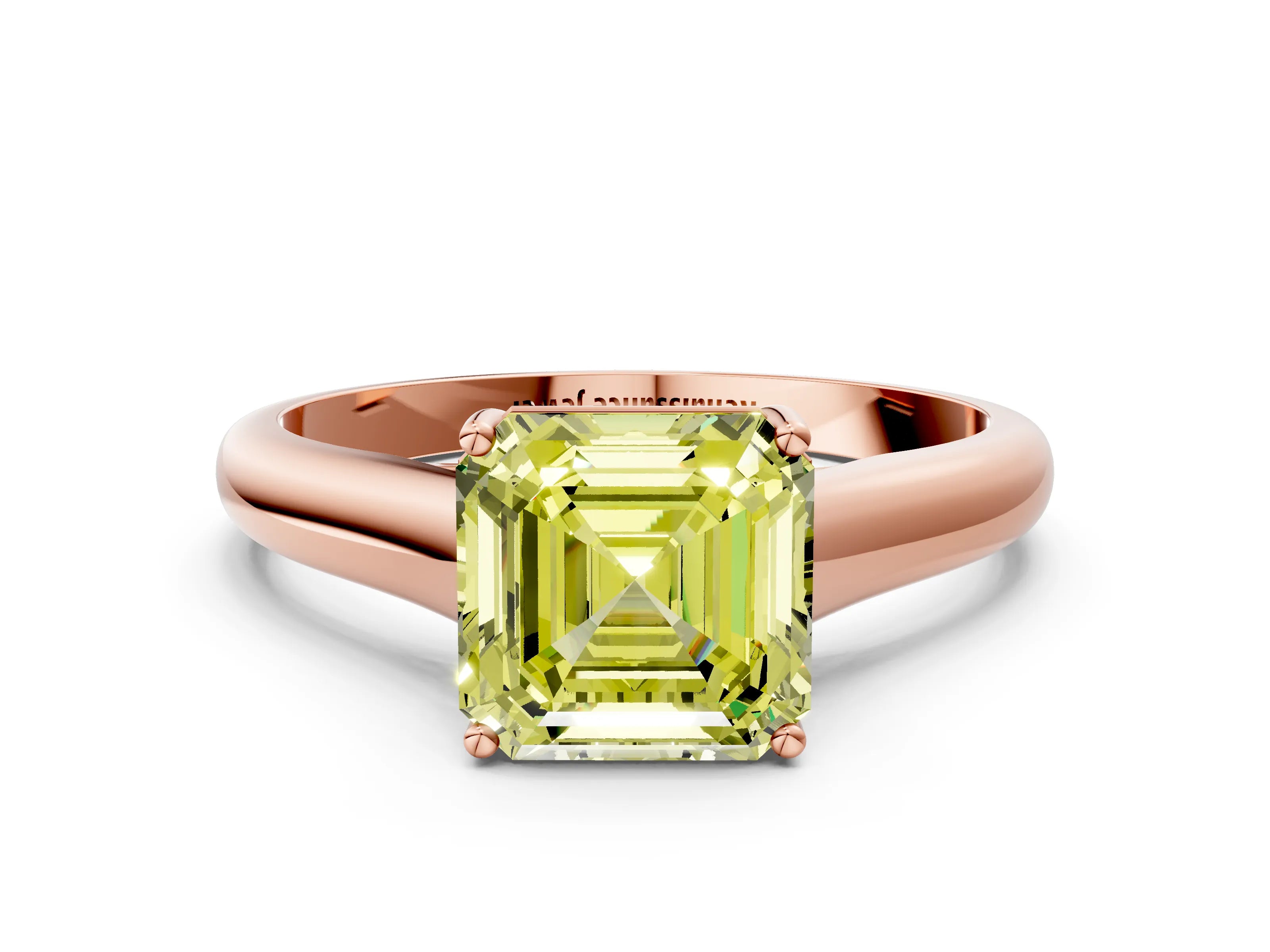 Rose gold Fancy Yellow Asscher Cut Cut Diamond Solitaire Engagement Ring with Tapered Plain Band and Four-Prong Setting