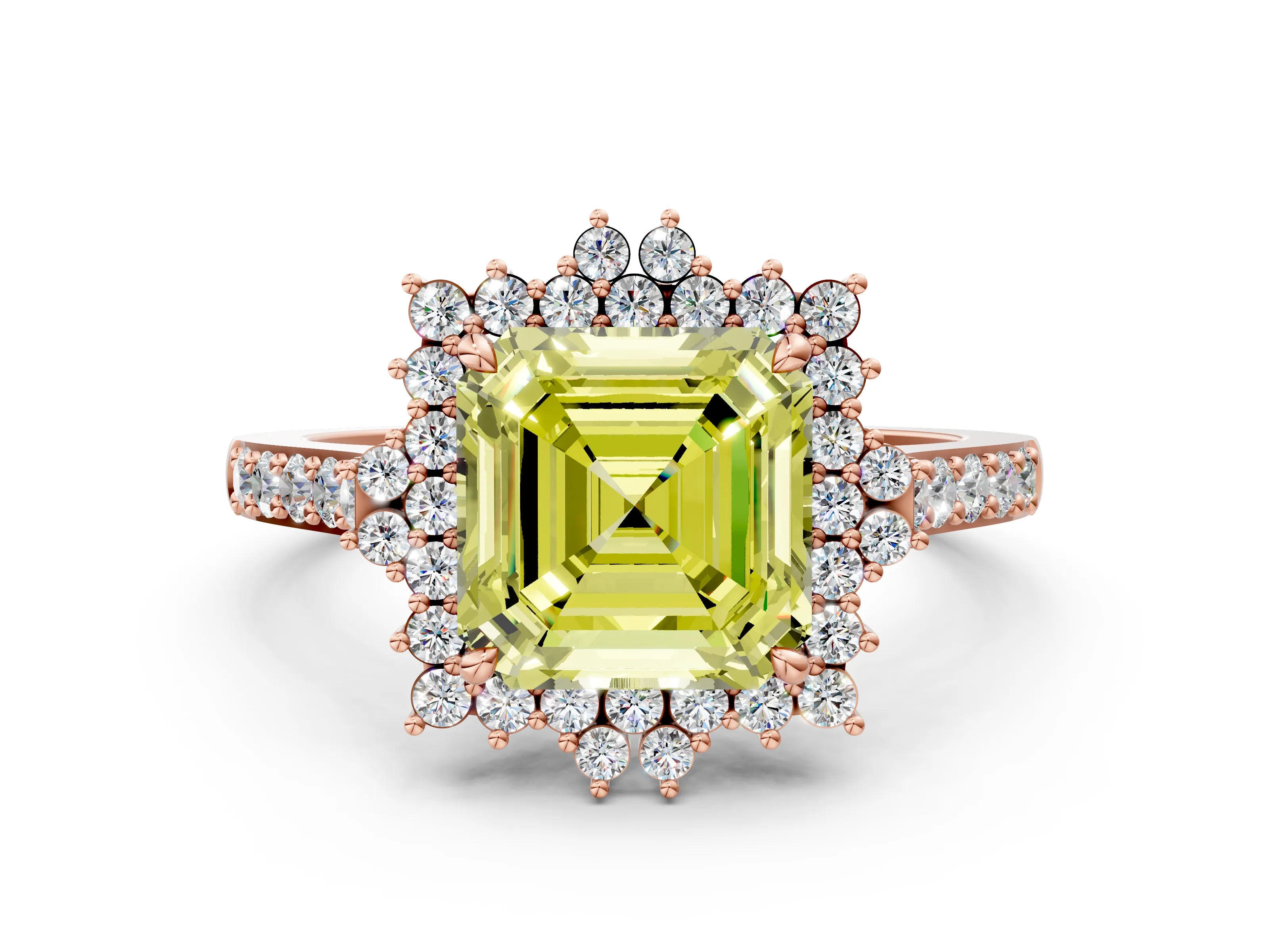 Rose gold Fancy Yellow Asscher Cut Cut Diamond Sunburst Halo Engagement Ring with Pavé Band