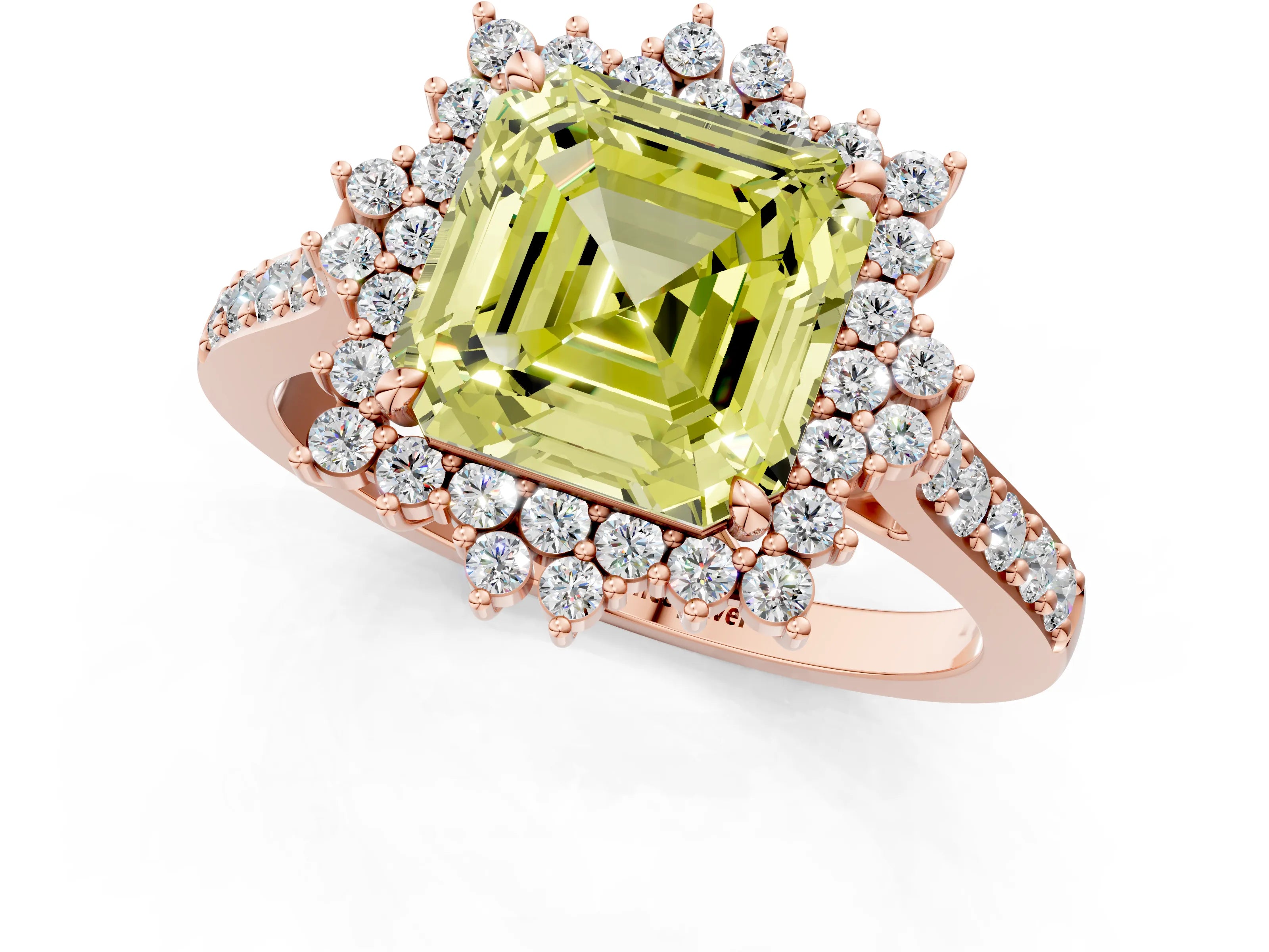 Rose gold Fancy Yellow Asscher Cut Cut Diamond Sunburst Halo Engagement Ring with Pavé Band_1