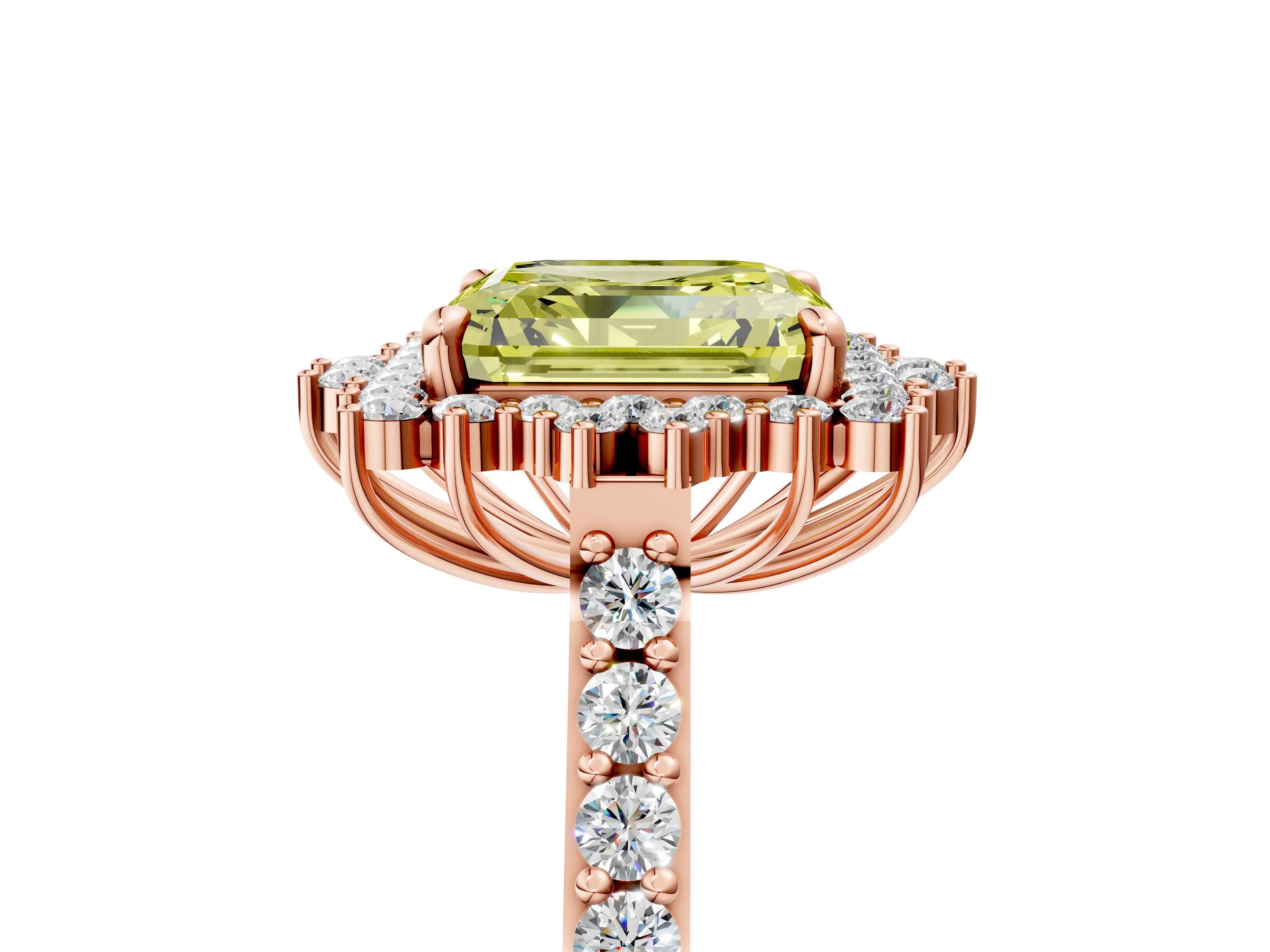 Rose gold Fancy Yellow Asscher Cut Cut Diamond Sunburst Halo Engagement Ring with Pavé Band_5
