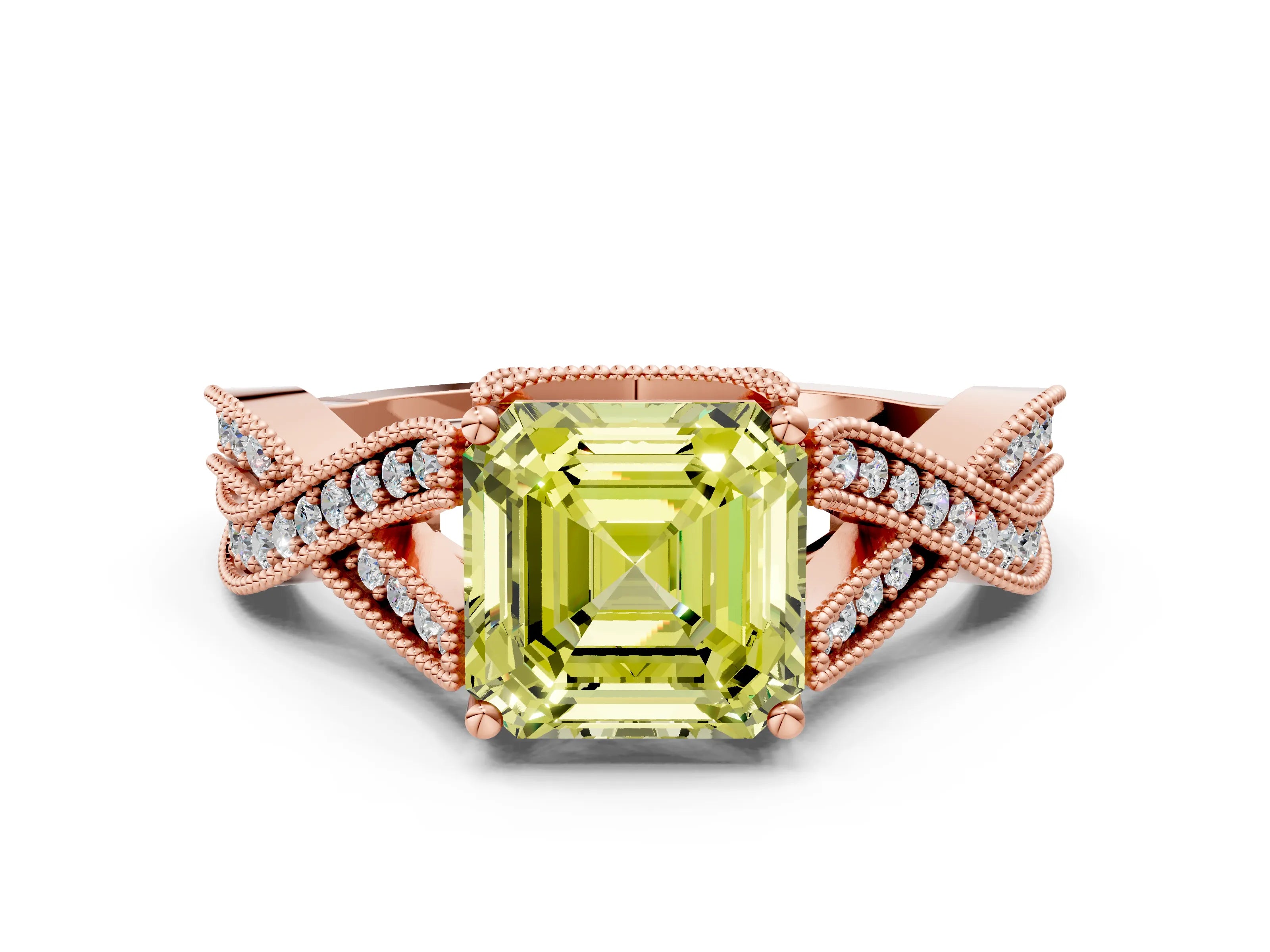 Rose gold Fancy Yellow Asscher Cut Cut Diamond Twisted Band with Milgrain Pave Setting and Four-Prong Setting