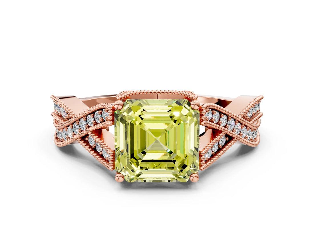 Rose gold Fancy Yellow Asscher Cut Cut Diamond Twisted Band with Milgrain Pave Setting and Four-Prong Setting