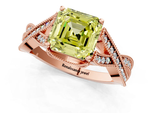 Rose gold Fancy Yellow Asscher Cut Cut Diamond Twisted Band with Milgrain Pave Setting and Four-Prong Setting_1