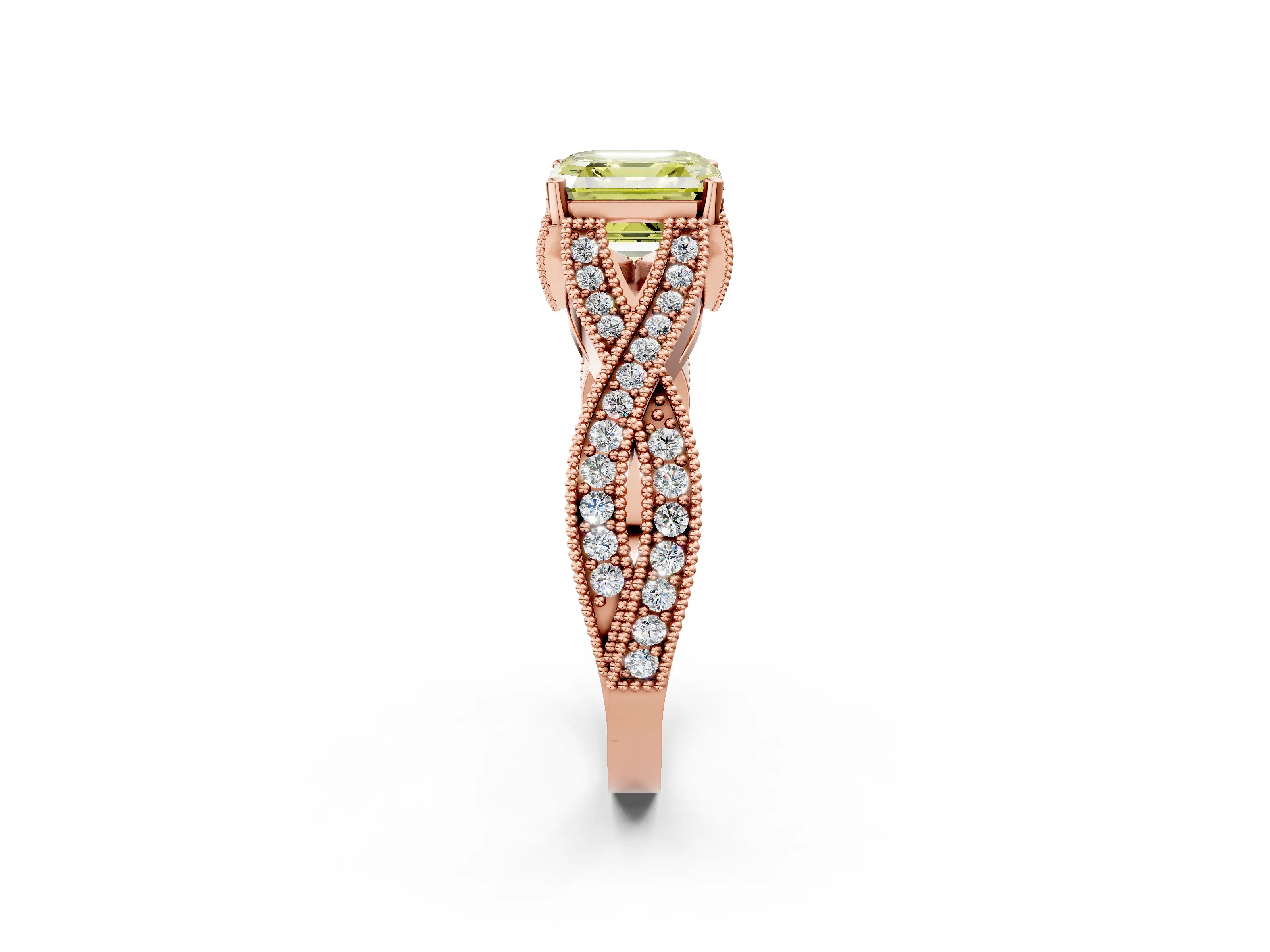 Rose gold Fancy Yellow Asscher Cut Cut Diamond Twisted Band with Milgrain Pave Setting and Four-Prong Setting_2