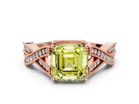 Rose gold Fancy Yellow Asscher Cut Cut Diamond Twisted Band with Milgrain Pave Setting and Four-Prong Setting