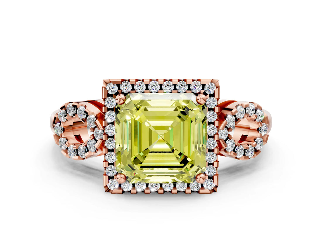 Rose gold Fancy Yellow Asscher Cut Cut Halo Diamond Infinity Band with Four-Prong Setting