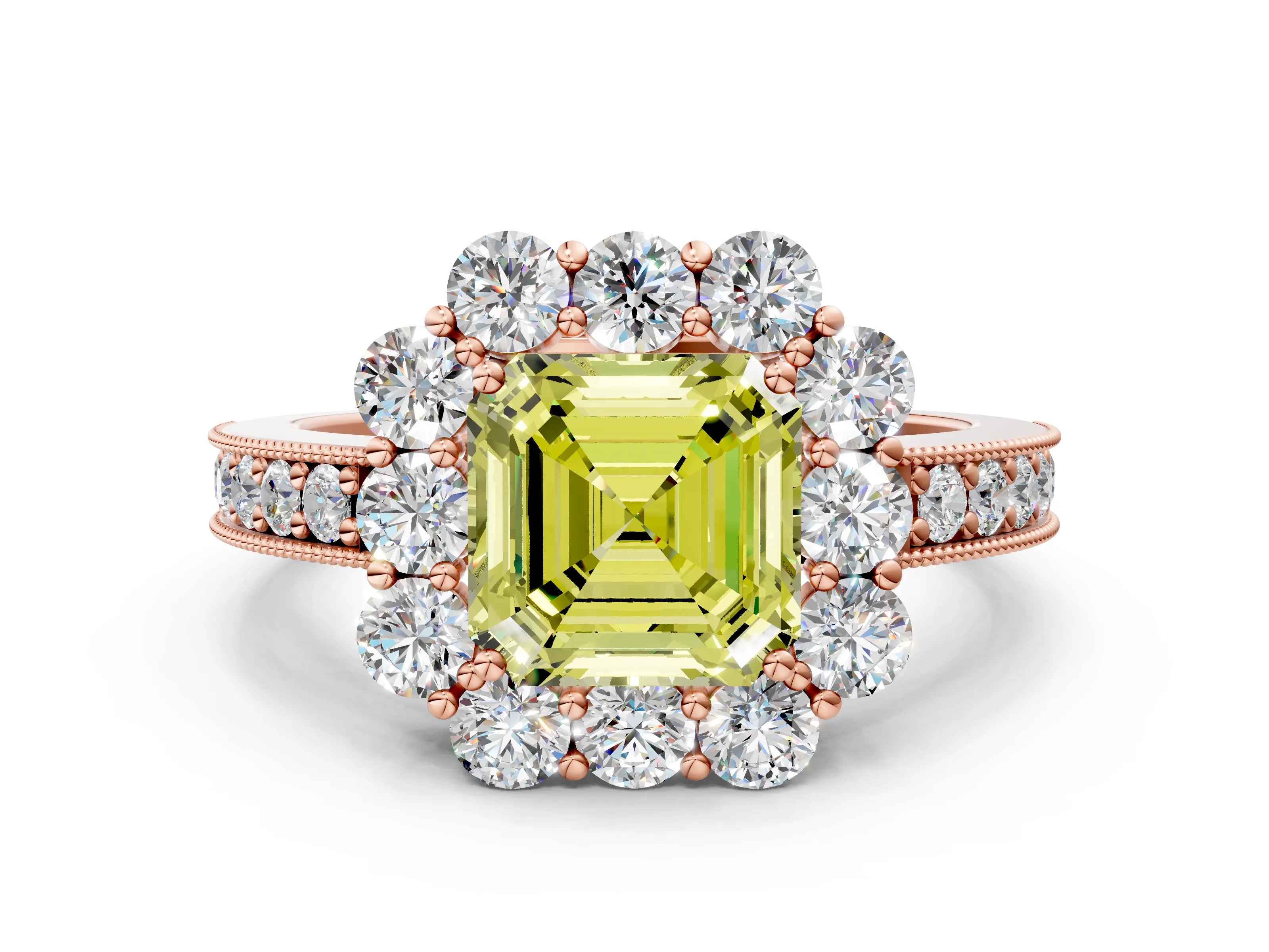 Rose gold Fancy Yellow Asscher Cut Cut Halo Diamond Pavé Engagement Ring with Milgrain Detailing