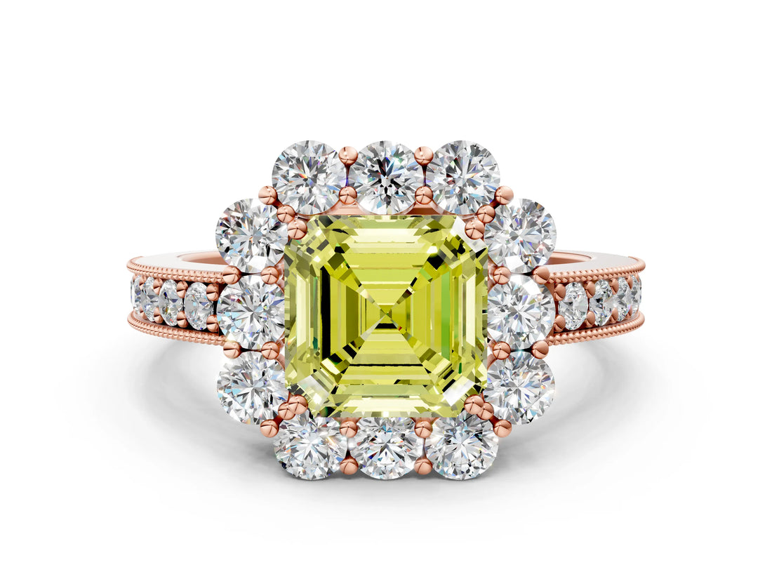 Rose gold Fancy Yellow Asscher Cut Cut Halo Diamond Pavé Engagement Ring with Milgrain Detailing