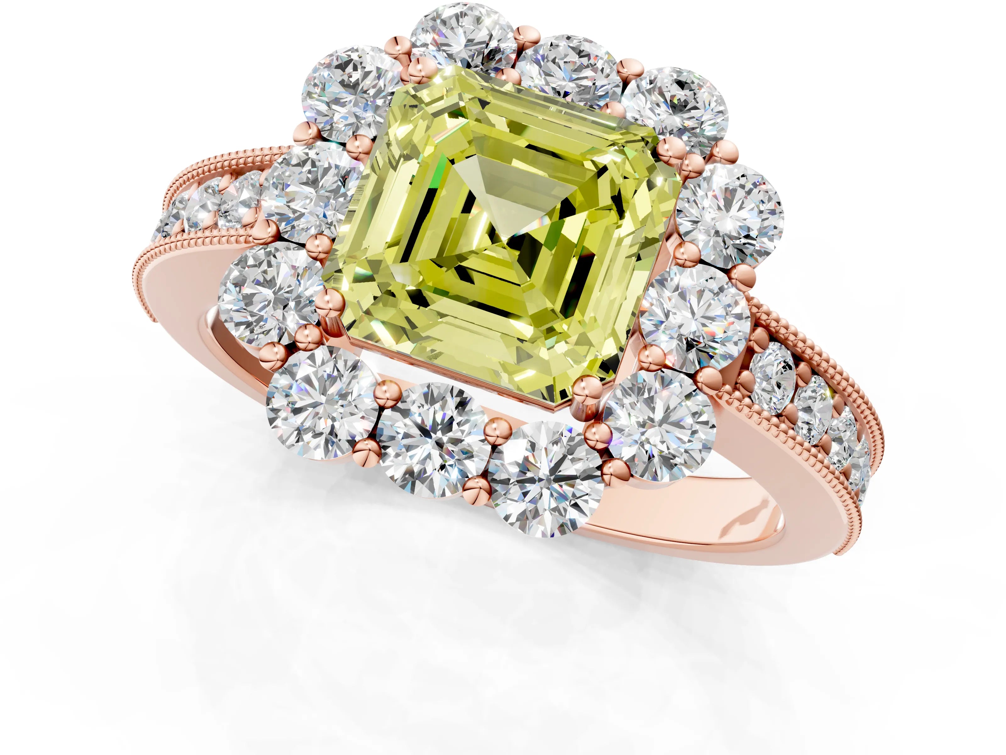 Rose gold Fancy Yellow Asscher Cut Cut Halo Diamond Pavé Engagement Ring with Milgrain Detailing_1