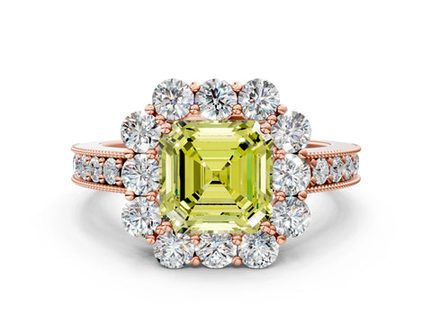 Rose gold Fancy Yellow Asscher Cut Cut Halo Diamond Pavé Engagement Ring with Milgrain Detailing