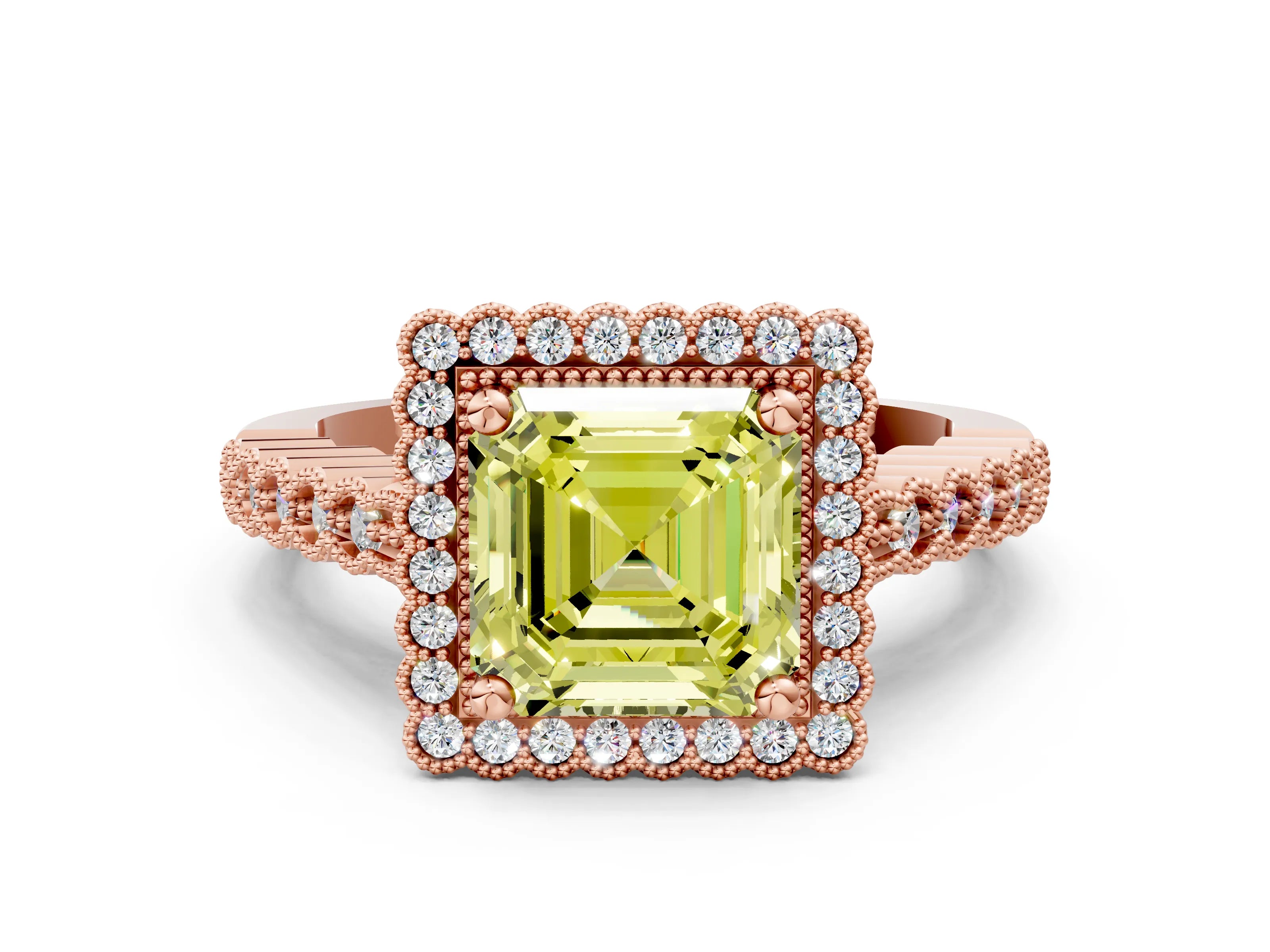 Rose gold Fancy Yellow Asscher Cut Cut Halo Pavé Solitaire Ring with Milgrain Band