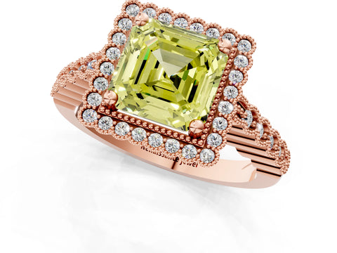 Rose gold Fancy Yellow Asscher Cut Cut Halo Pavé Solitaire Ring with Milgrain Band_1